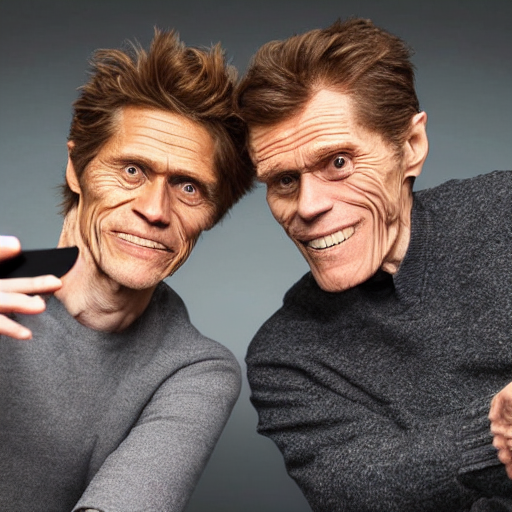 prompthunt Willem Dafoe and Jerma taking a selfie together, Willem