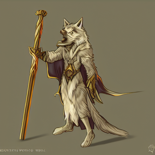 wizard is holding a staff as a wolf, dynamic pose, chromatic aberration , medium level shot, fantasy, illustration, concept art,