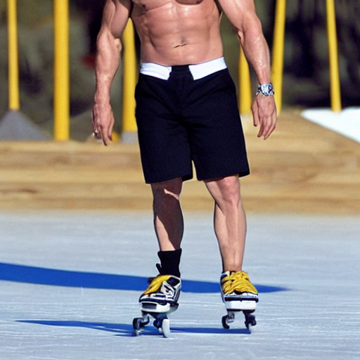 prompthunt: mark wahlberg skating outside in a speedo with a tophat
