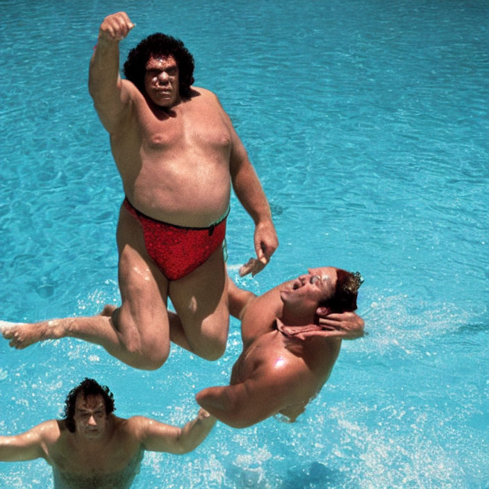 prompthunt: andre the giant wearing a sequin speedo and jumping in the pool  with a goat from the movie bill & ted's excellent pool party, movie still,  8 k, realistic
