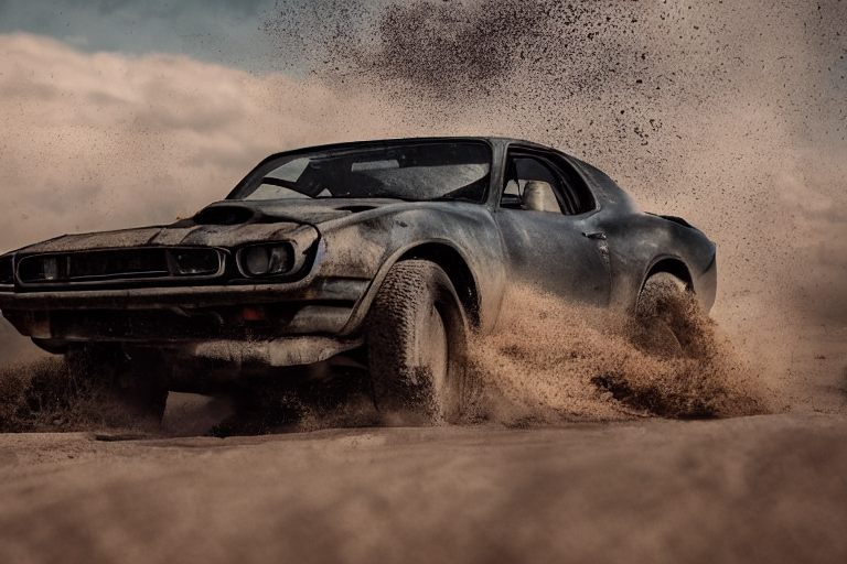 prompthunt: Brian O'Connor driving his GTR in the theme of Mad Max Fury Road,  XF IQ4, 150MP, 50mm, F1.4, ISO 200, 1/160s, natural light, Adobe Photoshop,  Adobe Lightroom, photolab, Affinity Photo, PhotoDirector