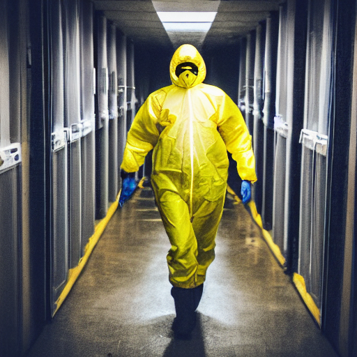 a man wearing a yellow hazmat suit inside the backrooms, liminal space, flickering fluorescent lights, eerie mood