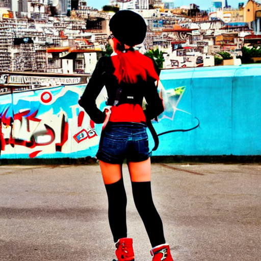 prompthunt: Jet Set Radio, Teenage girl, French girl, black beret, black  beret with a red star, black shirt with red star, black leather shorts,  rollerblading, rollerskates, city on a hillside, colorful buildings,