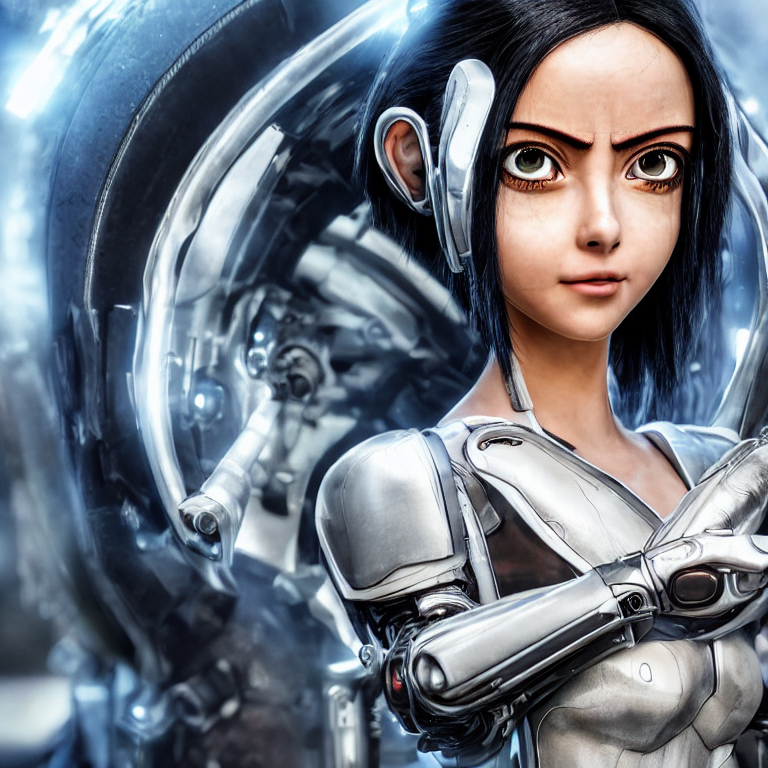 prompthunt: scifi alita battle angel, elegant lady, big eyes, smiling face,  extremely high detail, extremely high detailed face, cyborg, photorealism,  sony a 7 r