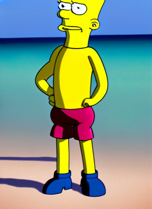 prompthunt: professional photo of bart simpson, with muscular fit body and  very very very detailed face, on the beach at noonday, blur background,  original simpsons cartoon style