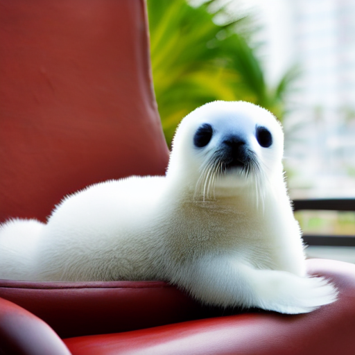 prompthunt: a baby harp seal holding a box marked top secret in red  letters, sitting on a beautiful leather chair at a luxury resort, palm  trees outside the windows, panasonic, photo, gentle
