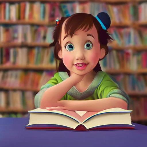 prompthunt: a little girl with short wavy brown hair sits on top of a pile  of books reading a book in a still from a disney movie. beautiful disney  cartoon character art,