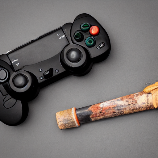 prompthunt: destroyed game controller next to a broken tv and a baseball bat