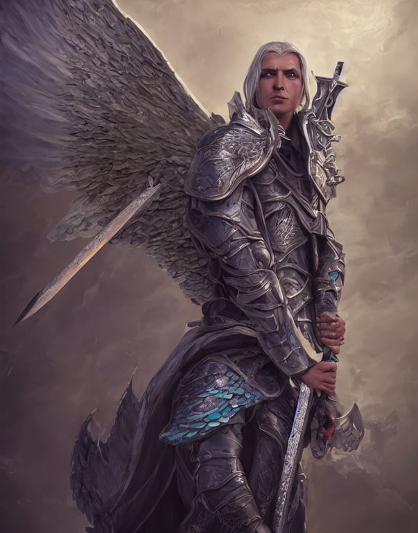 An epic fantastic realism comic book style portrait painting of a male hexblade warlock aasimar, massive angel wings, spear made of teal energy, silver hair, middle aged, D&D Concept Art, unreal 5, DAZ, hyperrealistic, octane render, cosplay, RPG portrait, dynamic lighting