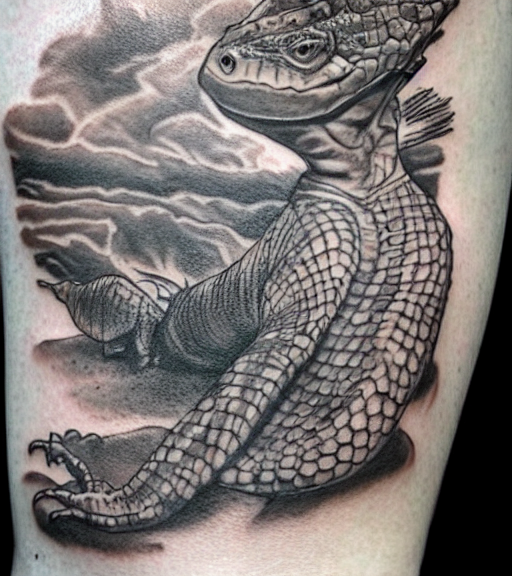 A realistic tattoo design of a giant lizard in the desert on white paper, realism tattoo design, highly detailed tattoo, shaded tattoo, hyper realistic tattoo