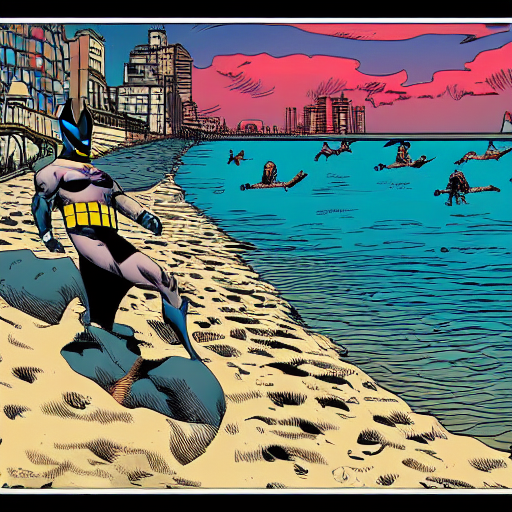 prompthunt: batman at the beach swimming in the sea, comic art style,  detailed lines, highly detailed