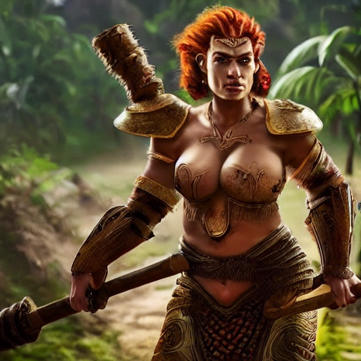 prompthunt: armoured ginger dwaven women wielding a hammer and shield,  jungle clearing, awesome floating mountain in the shape of a human heart.  4k realism