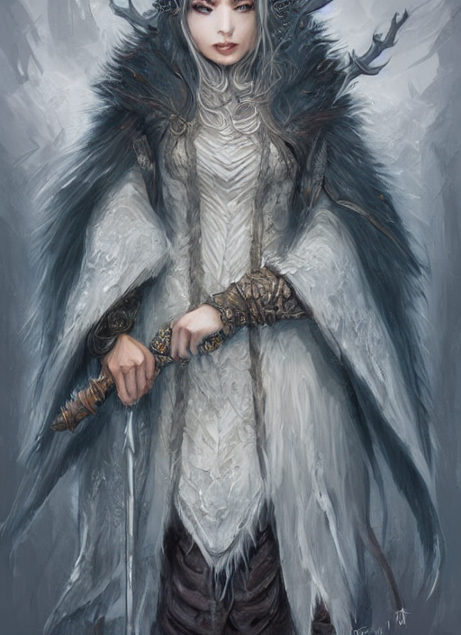 character concept art for a low fantasy rpg, full body portrait, hooded fur cloak, fantasy painterly style, intricate details, artwork by ross tran, artgerm