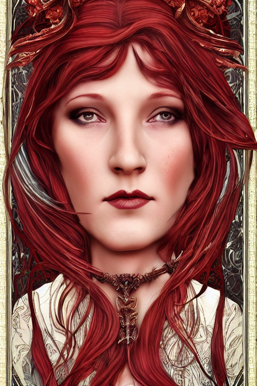 prompthunt art nouveau goddess face and red hair horror framed
