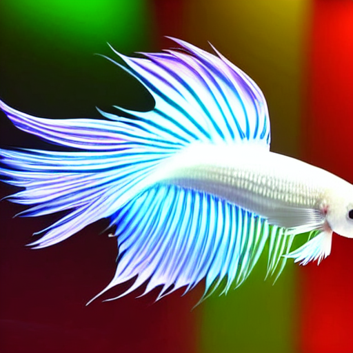 prompthunt: a graceful iridescent white betta fish with long swirling fins,  black-water-background, aquarium-photo