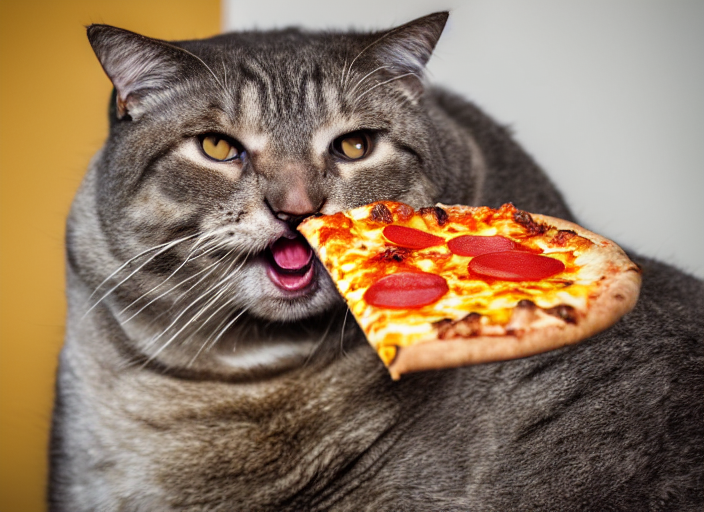 prompthunt photo of a very fat cat angrily eating a slice of