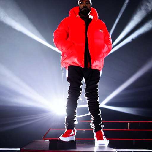 prompthunt: kanye west wearing a red puffer jacket and red pants, standing  in a stadium, white light shining on him