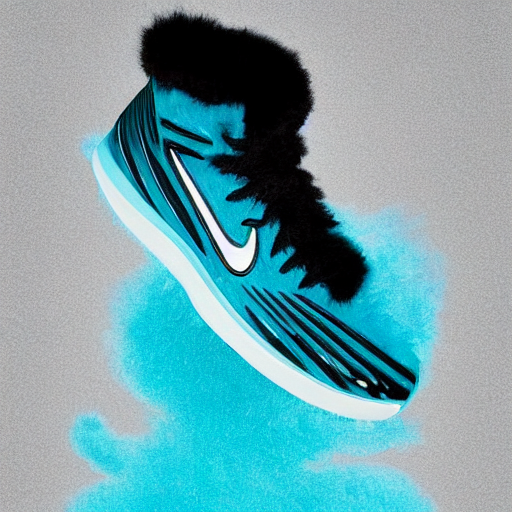 prompthunt: poster nike shoe made of very fluffy cyan and black faux fur  placed on reflective surface, professional advertising, overhead lighting,  heavy detail, realistic by nate vanhook, mark miner
