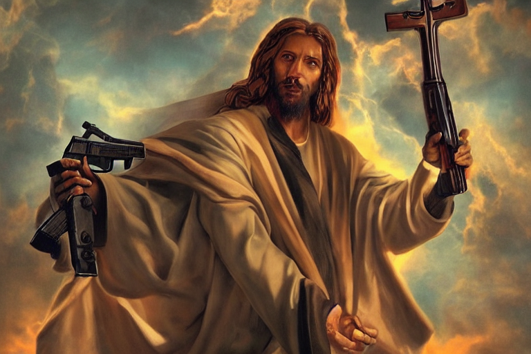 prompthunt: real life photo of confident Jesus Christ holding a gun