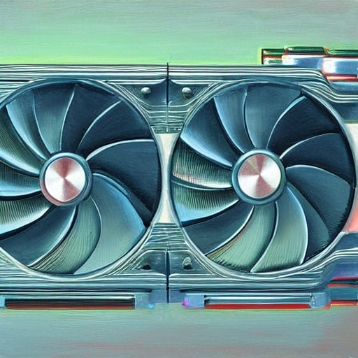 prompthunt: a painting by Wayne Thiebaud of a high end Nvidia GPU RTX,  cooling, high specs, ethereal!!!!!!!, by Wayne Thiebaud, neon gradient,  highly detailed GPU
