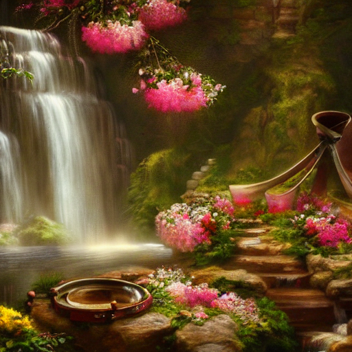 prompthunt: waterfall coming out of a calliope instrument, covered in  flowers, photography, trending on pixiv, 4k, cinematic lighting, realistic  painting