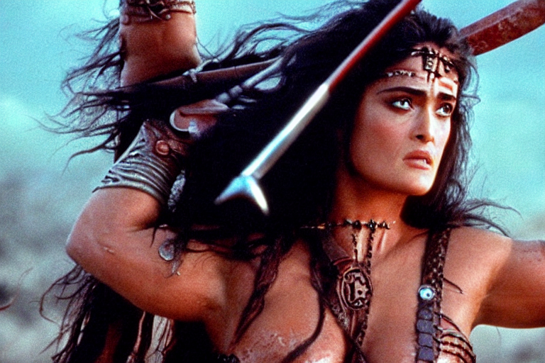 768px x 512px - prompthunt: epic photo of muscular salma hayek as beautiful barbarian  warrior princess in a battle scene, detailed eyes, neutral expression,  shallow depth of field, photorealistic, cinematic lighting, lovely bokeh,  warm colours, dusk,