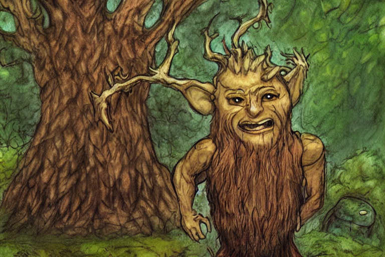prompthunt: a druid treefolk with troll face, standing in the forest, in  the style of Tony Diterlizzi and Brian Froud, painterly