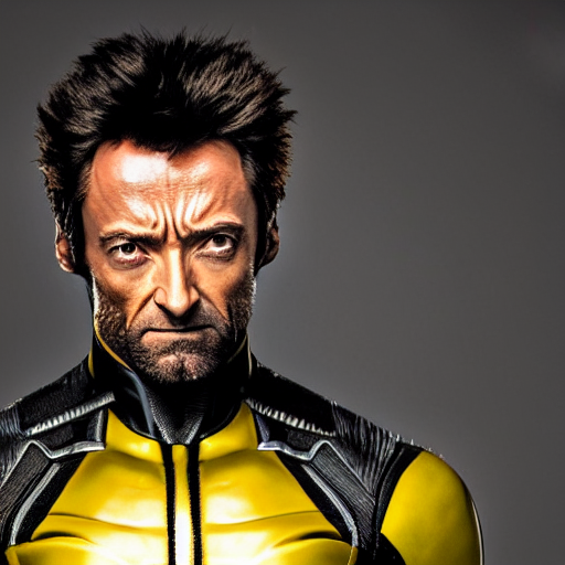 prompthunt: Hugh Jackman wolverine in X-Men yellow and black costume,  studio photograph, strong pose