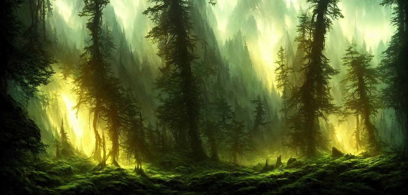 prompthunt: deep forest. fantasy backdrop. concept art. realistic  illustration. video game digital cg artwork background. nature scenery,  cinematic view, epic sky, detailed, concept art, low angle, high detail,  warm lighting, volumetric, godrays,