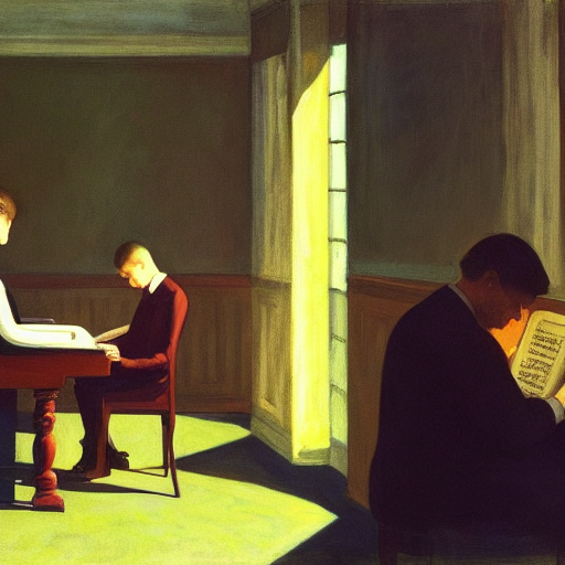 prompthunt: a guy playing piano in the library, somber, edward hopper