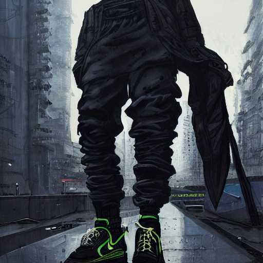 prompthunt: A man wearing Acronym J36-S pants and Acronym P30A-DS and black Nike  Air Force 1 sneakers, high quality, digital art, dirty cyberpunk city, greg  rutkowski