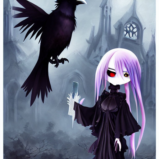 a gothic anime girl and her pet raven raven haunting, Stable Diffusion