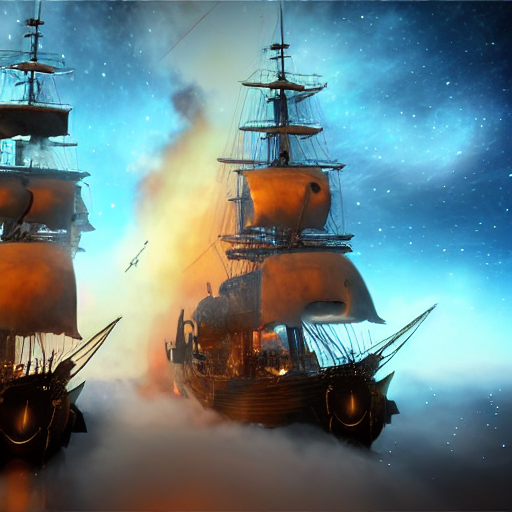 2 pirate ships naval battle in outer space, cannon smoke, blue nebula, unreal engine, realistic