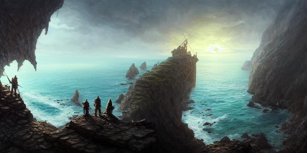 prompthunt: D&D adventurers facing away on cliff overlooking realistic ...