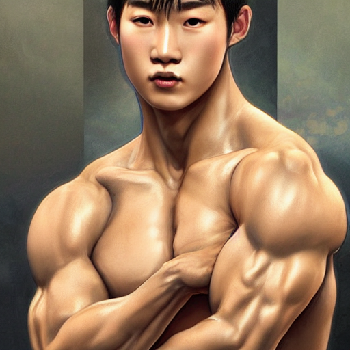 prompthunt: a korean bodybuilder college boy, bokeh, beautiful face!!!!, 2  3 years old, cg animation, lifelike, animated, realistic, character select  portrait, by artgerm, greg rutkowski, alphonse mucha, 3 d