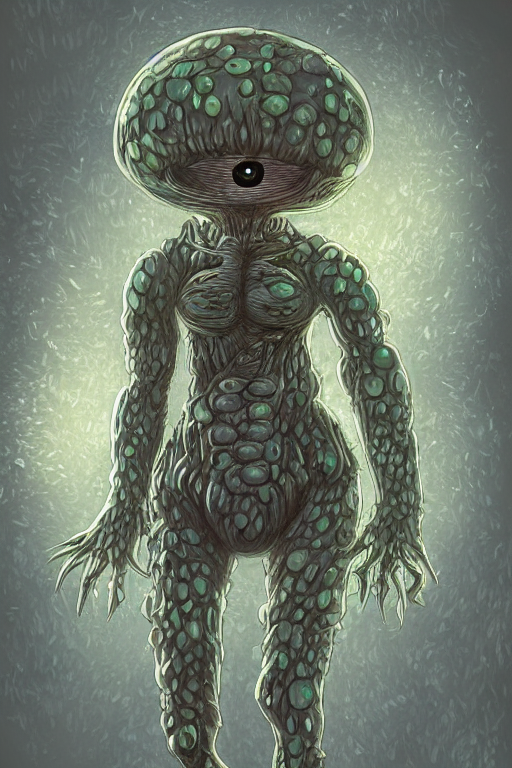 prompthunt: a humanoid figure mushroom monster with large glowing eyes,  highly detailed, digital art, sharp focus, trending on art station, fungus  spores, anime art style