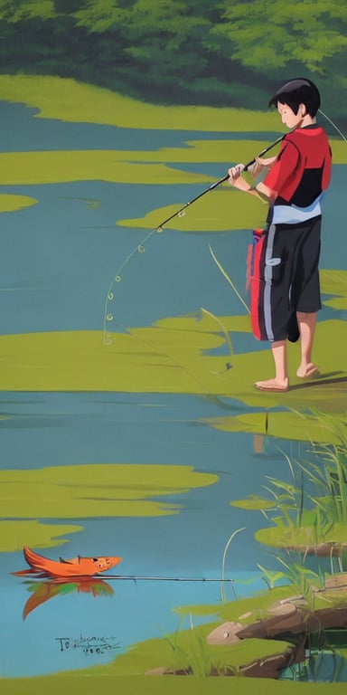 prompthunt: a boy fishing near a pond by tomokazu matsuyama, trending on  artstation