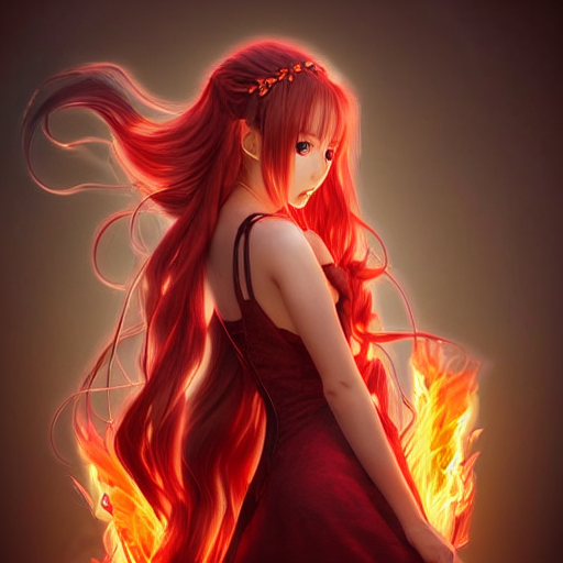 3D advanced digital art, a very cute and gorgeous anime woman wearing a dress made of fire , full body, very long wavy Fire red hair, braided hair, red fiery eyes, full round face, cinematic lighting, mid-shot, highly detailed, trending on pixiv, Steven Artgerm Lau, WLOP, RossDraws, RuanJia , James Jean, Andrei Riabovitchev, Totorrl, Marc Simonetti, Visual Key, and Sakimichan