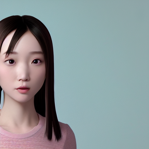 3 d render of a cute thin petite chinese young woman with light pink long hair, with full bangs, small round face, small upturned nose, porcelain skin tone, red blush, wearing casual sweater, small smile, warm pink living room, medium shot, octane render, 8 k, hyperrealism, trending on artstation, unreal engine 5,