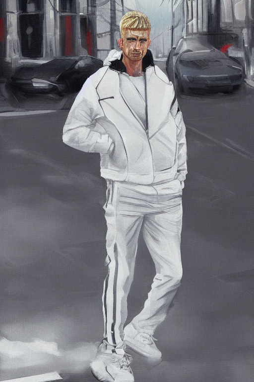 prompthunt: extreme long shot. blonde russian man in white adidas pants.  black jacket. sad face. staying on the street. digital painting