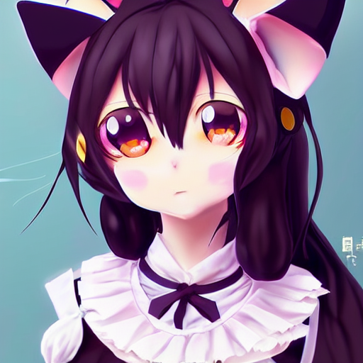 Cute Anime Cat Girl in Black Costume with Long Hair