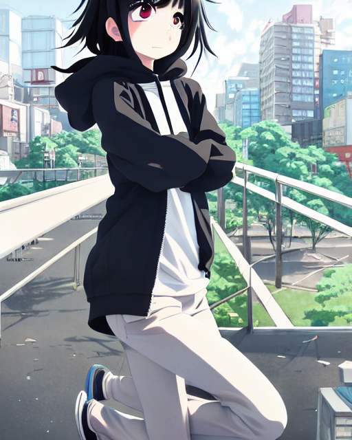 prompthunt: anime visual, portrait of a young black haired girl wearing  hoodie sightseeing above the urban street in bright day guardrail, cute  face by yoh yoshinari, katsura masakazu, dramatic lighting, dynamic pose,