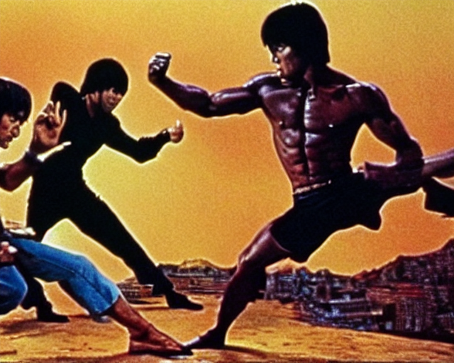 prompthunt: giant cat monster vs. bruce lee, chuck norris, and jean claude  van damme in an epic 3 to 1 battle for the earth. vhs screencap, video  cassette, video tape.