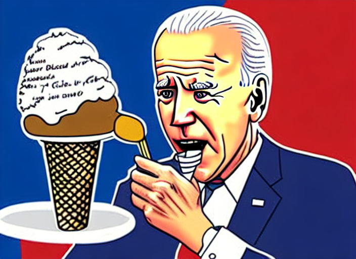 joe biden eating ice cream scoop on a ice cream cone, political cartoon, high detail