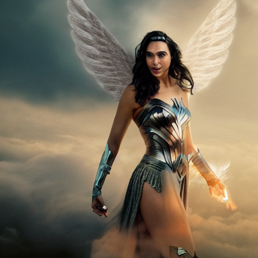 prompthunt: Portrait of the beautiful woman Gal Gadot as an angel, she is  coming down from the clouds, she has a crown, there is a glow coming from  her, she is getting