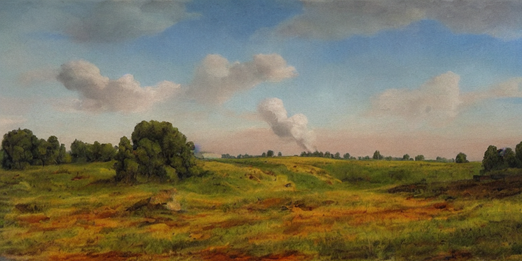 an eastern front battlefield landscape, summertime, shell craters, distant smoke column on the horizon, oil painting in the style of peredvizhniki