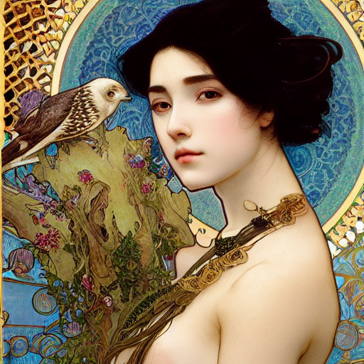 prompthunt: highly detailed portrait of a beautiful cute girl with birds,  endless black hair, with pale skin, fibonacci, fragile, sitted on an  intricate stone throne by alphonse mucha, ayami kojima, yoshitaka amano,
