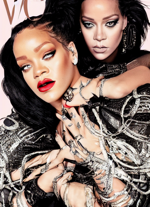 portrait, rihanna and lady gaga together, for vogue magazin, by charlotte grimm, natural light, detailed face, beautiful features, symmetrical, highly detailed, highly realistic, high resolution, canon eos c 3 0 0, ƒ 1. 8, 3 5 mm, 8 k, medium - format print, half body shot
