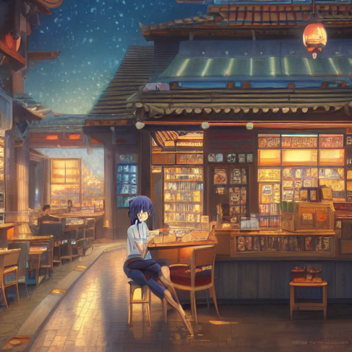  cazar una hermosa e intrincada ilustración ultradetallada de una cafetería de anime una mujer hermosa una taza de café, oso polar, por wu daozi, makoto shinkai, thomas kinkade, presentado en artstation hd, anime