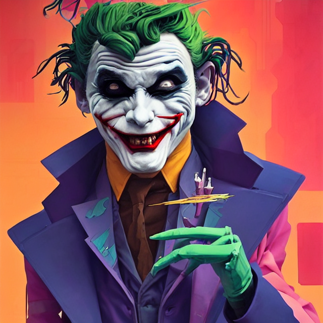 a beautiful painting of a cyberpunk joker by sachin teng and pascal blanche and ralph mcquarrie and greg rutkowski. in style of futurism art. ( ( colorful comic ) ), ( ( film noirs ) ), ( ( brush stroke ) ), ( ( vibrating colors ) ), hyper detailed. 4 k texture. octane render. trending on artstation